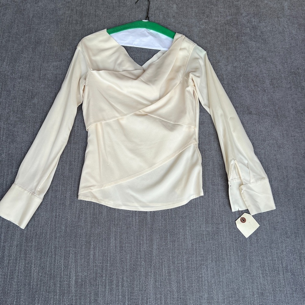 Theory Wrap Top Womens M Cream Asymmetric Layered Long Sleeve Luxury Minimalist